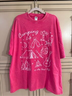 New Digiprint Hot Pink acid washed 100% Cotton Camping Life Graphic Tee Shirt XL